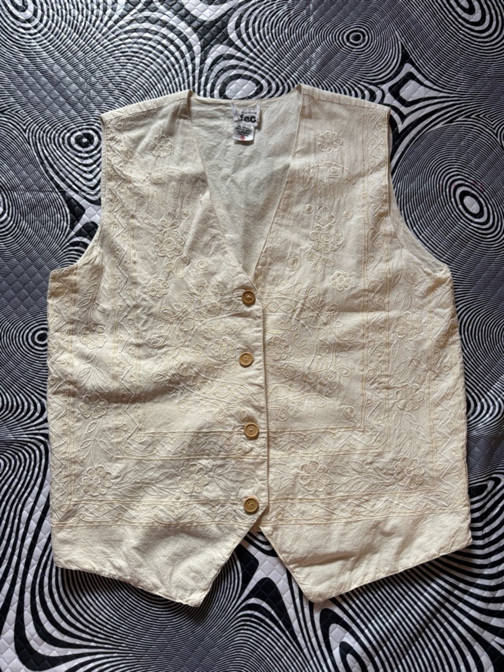 Embroidered Cream Button-Front Vest